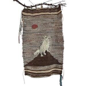 Native American Style Woven Wall Hanging Art Wolf Howling Mountain Sun